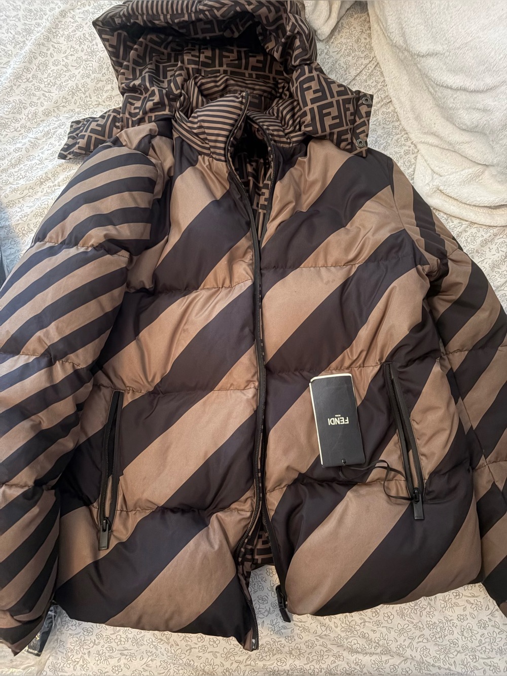 Fendi Brown and Black Diagonal-Stripe Puffer Coat with Logo Hood